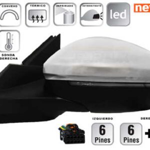 Retrovisor completo Izquierdo Eléctrico  Convexo  Térmico  Imprimado  Con Intermitente  LED  6 PINS